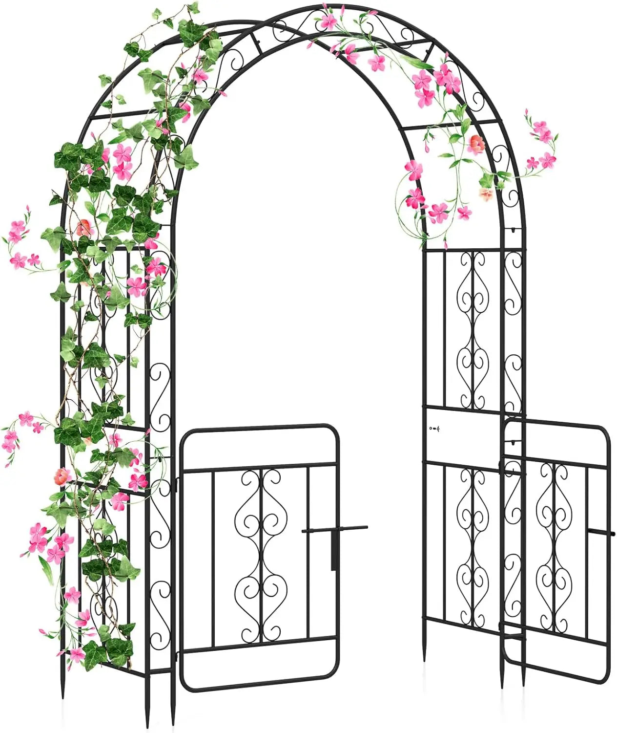 Garden Arbor with Gate, 84" H x 54" W Metal Arch Trellis for Climbing Plants Rose Vines, 6 Sharp Ground Stakes, Heavy Duty