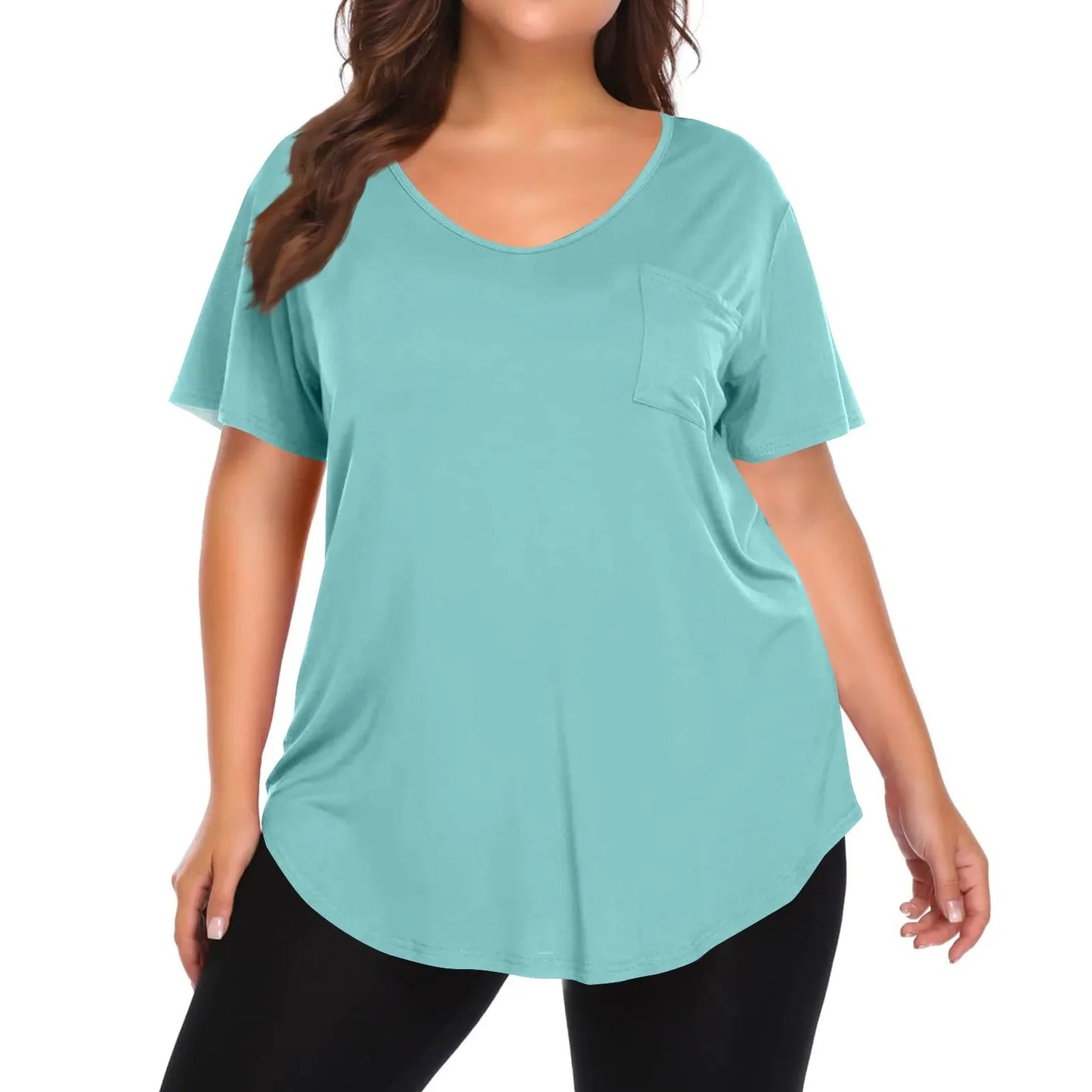 Plus Size Women's Tunic Tops Solid Color Large Size V-neck Loose T-Shirt With Pocket Summer Casual Basic Tee t shirts