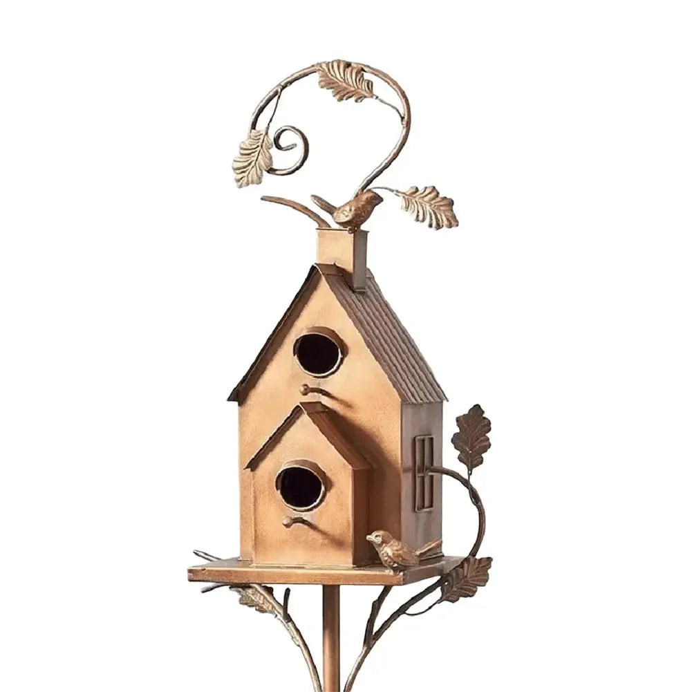 Sturdy Metal Birdhouse Garden Stake with Pole Waterproof Rustic Iron Decoration for Outdoor Garden Yard