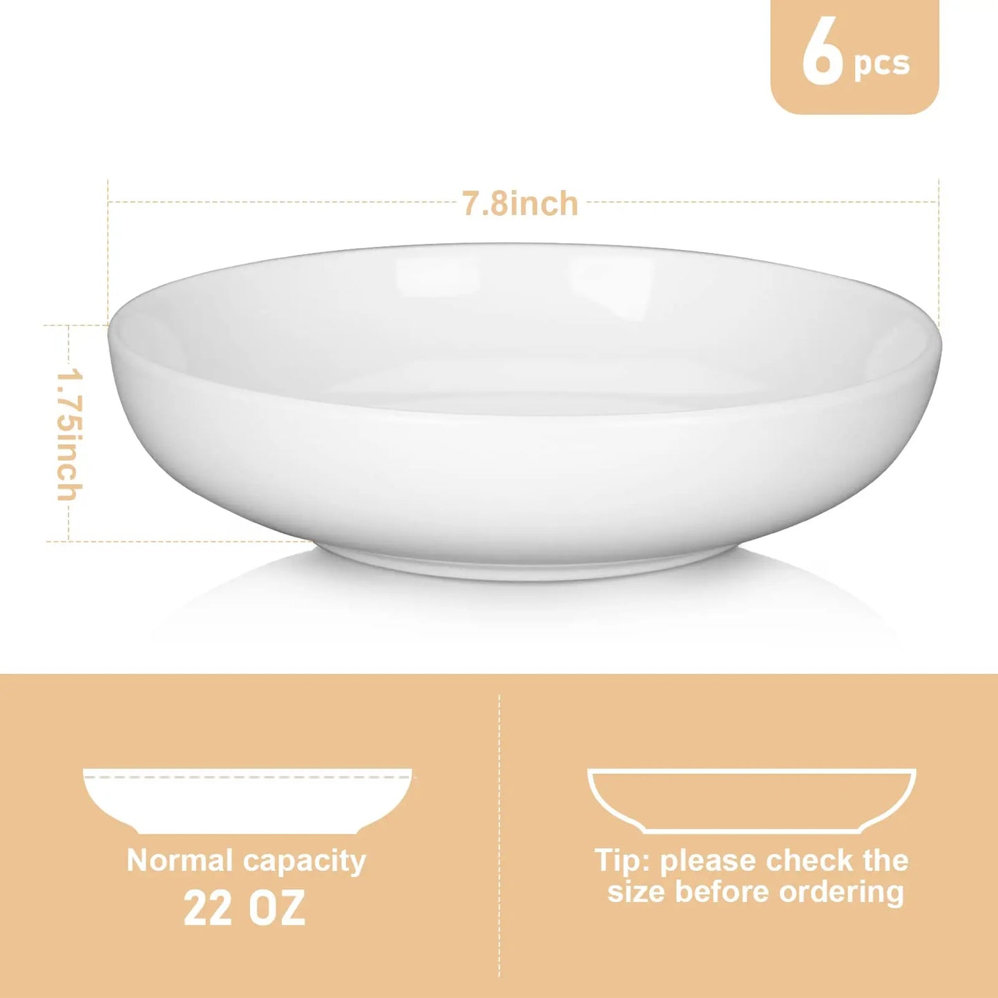 Cibeat 22 Ounce Porcelain Pasta Bowls Set 6 Pack Premium Ceramic Large Capacity Plates for Salad and Soup, Serving Bowl