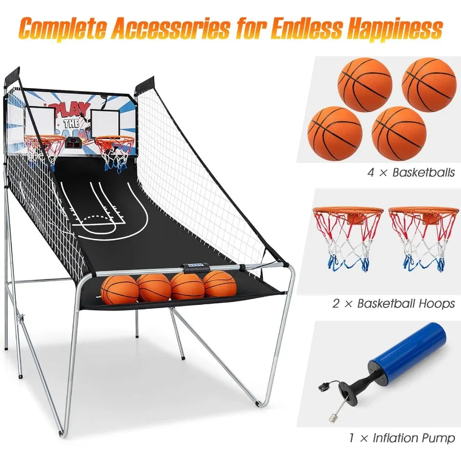 Folding Basketball Arcade Game for Indoor Outdoor Use Electronic Hoop with 8 Interactive Game Modes 4 Balls Dual Adjustable Hoo