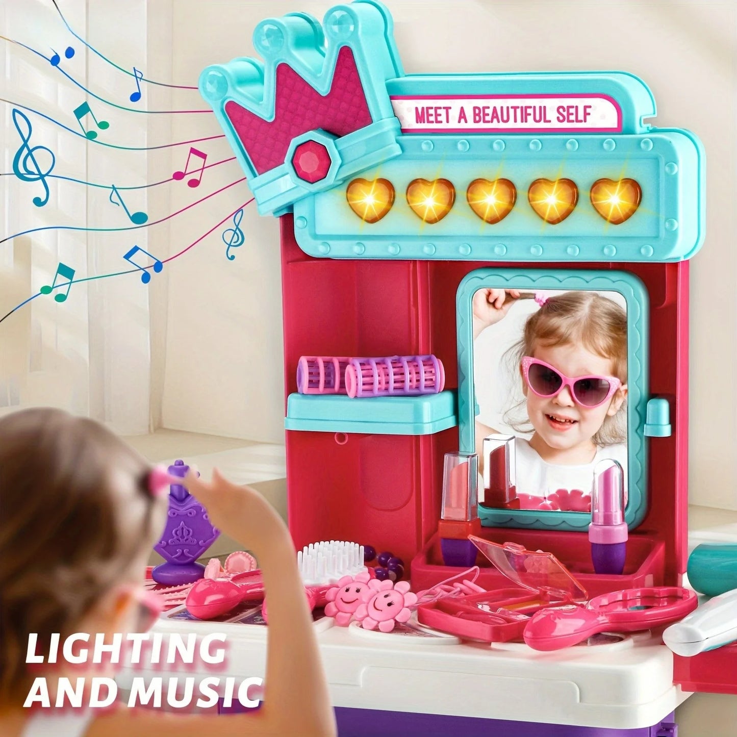 2 in 1 Dressing Table Set Pretend Play Makeup Games with Lights and Music Simulated Hair Dryer for Girls Kids Halloween Birthday Gift
