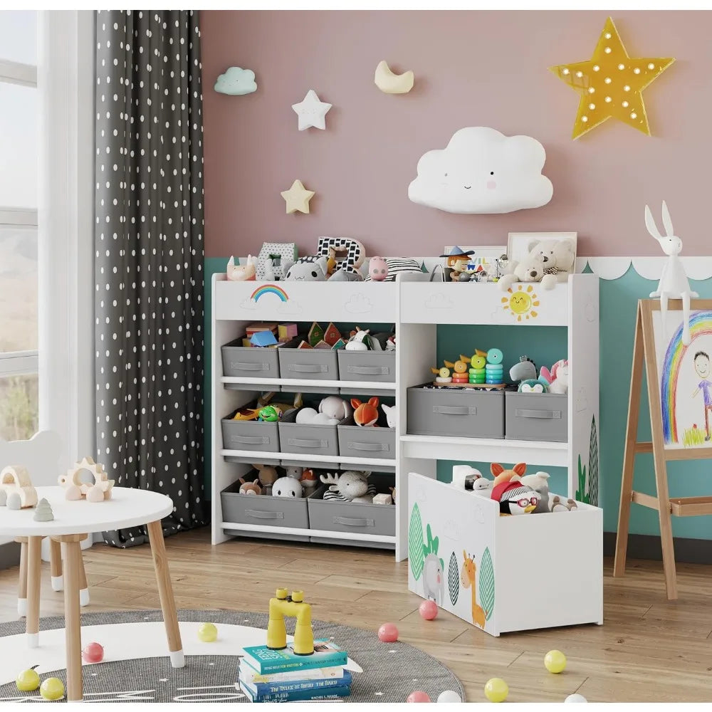Toy Storage Organizer, Toddler Wooden Kid Bookshelf with 10 Fabric Bins and Movable Toy Chest, 4-Tier Toy Storage Cabinet for Pl