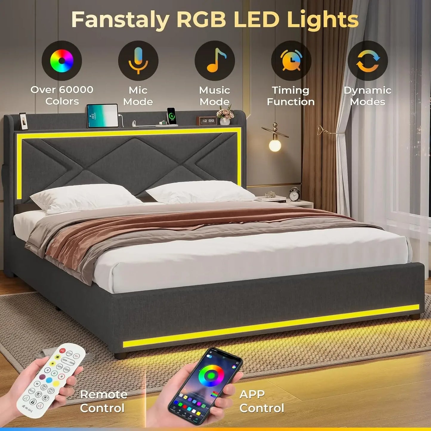 LED Full Bed Frame with Storage Headboard, Modern Upholstered Platform Bed with Type-C & USB Charging Station and 4 Drawers