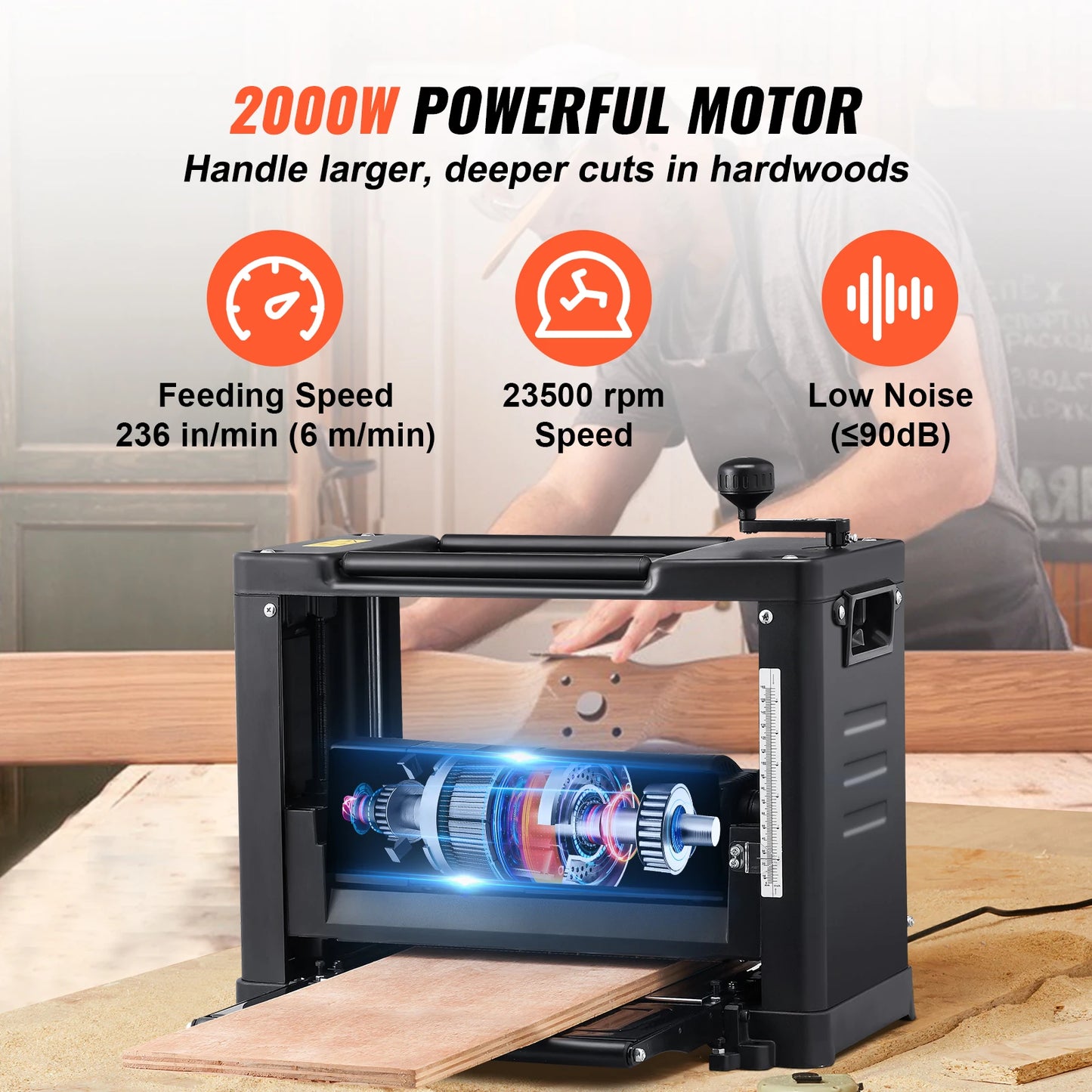 SucceBuy Thickness Planer 13inch Benchtop Planer & Two-Blade 15-Amp 1800W Powerful Motor Low Noise for DIY Woodworking Planing