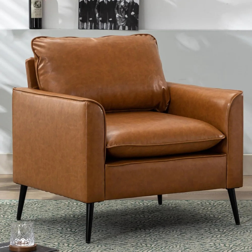 Modern Leather Chair Set of 2, Oversized Armchair for Living Room, Mid-Century Accent Reading Chair for Bedroom Comfy