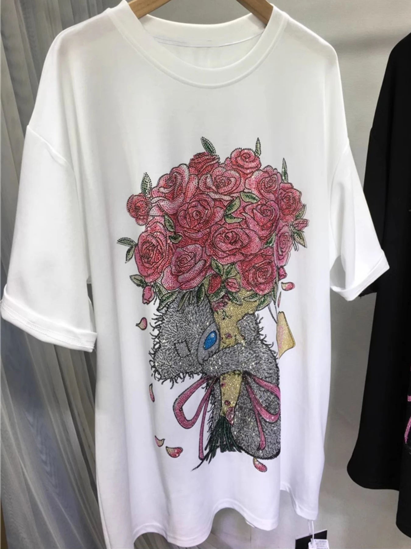Plus Size Tops For Women Flower Graphic Tees Short Sleeve Rhinestone T Shirts Casual Summer Oversized