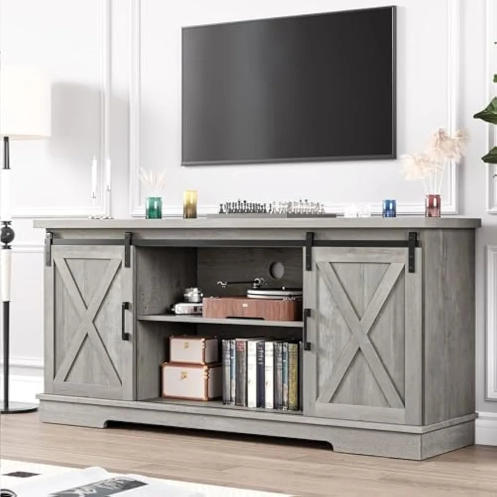 Grey Farmhouse Cabinet, 65 Inch TV Stand with Storage, Barn Doors and Shelves, Modern TV Console Table Furniture for Living Bed