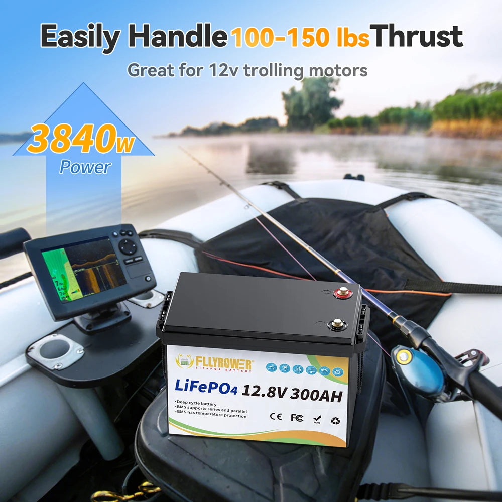 FLLYROWER 12V 300Ah LiFePO4 Lithium Battery Packs With 200A BMS LiFePO4 Battery For RV Boat Motor Solar Battery 8000+ Cycles