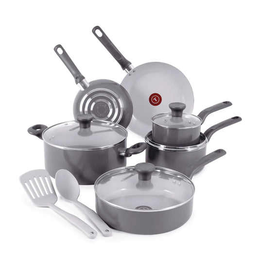 Care Ceramic Non-Stick, 12 Piece Pots and Pans Cookware Set, Stone Grey