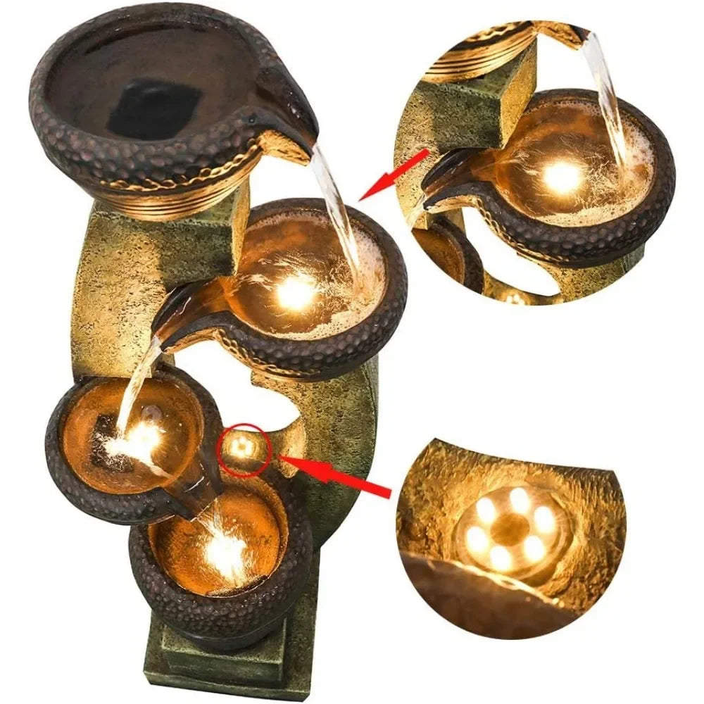 Modern Outdoor Fountain - 4 Crocks Outdoor Garden Fountains with Contemporary Design&LED Light for Garden,Patio, Deck, Porch