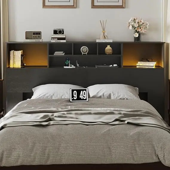 King Size Black Storage Headboard with USB Ports and LED Lights, Wooden Headboard for Bedroom
