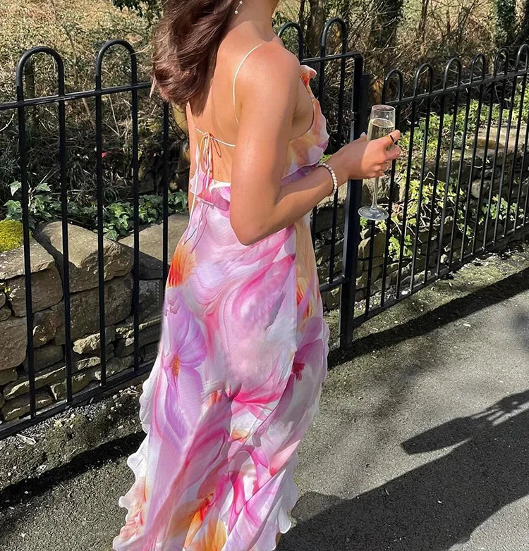 Weird Puss Flower Print Dress Woman Summer Strapless Splits Irregular Tassel Patchwork Backless Bandage Party Skinny Vestidos