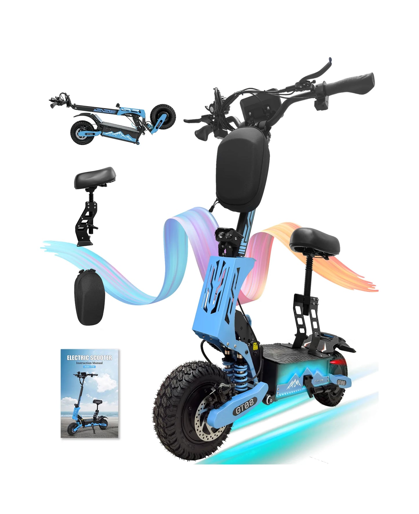 GT08 5600W Adult Electric Scooter Dual Motor Top Speed 50MPH,60V27AH, 11-inch Off-Road Tires Sport Folding eScooter with Seat