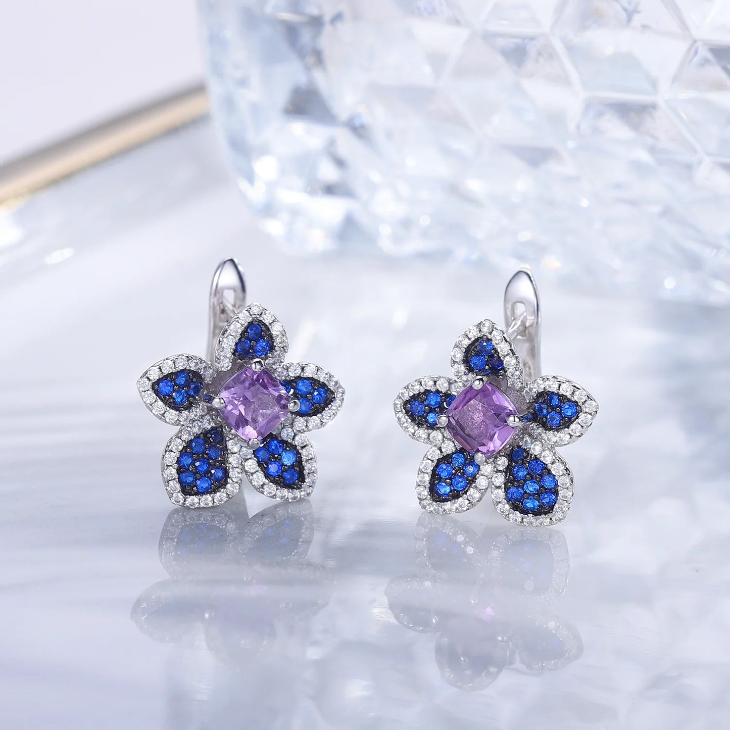 GEM'S BALLET 925 Sterling Silver Earrings Ring For Women Natural Amethyst Gemstones Flower Handmade Statement Stud Earrings