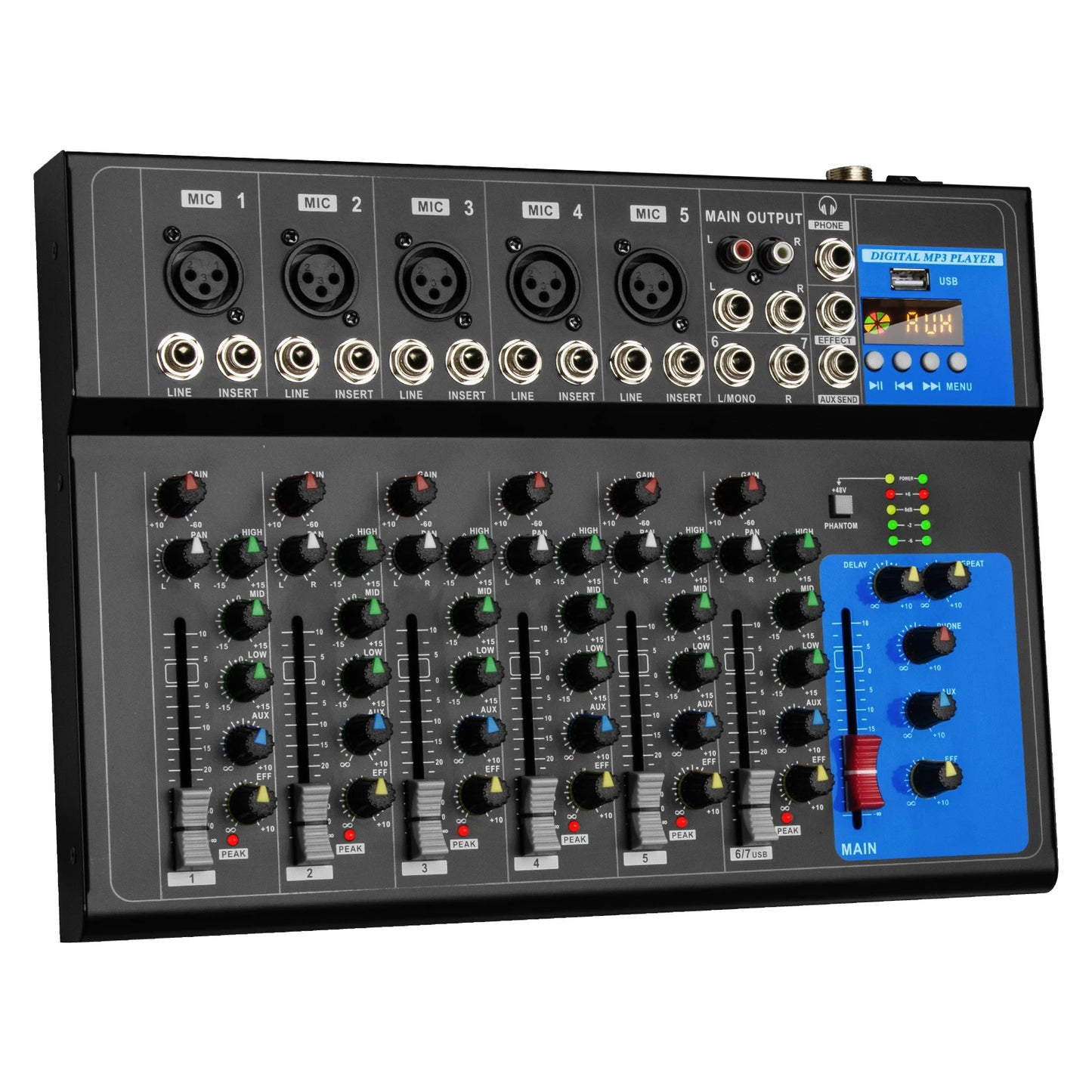 7-Channel Professional Mixer DEPUSHENG Portable USB Interface Playback DJ Mixer Performance Console