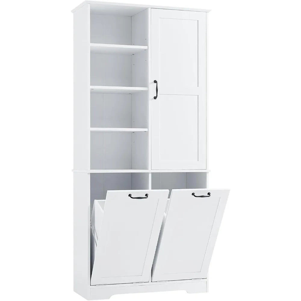 Tall Bathroom Storage Cabinet with Laundry Hamper Freestanding Storage Cabinet with Open Shelves and Adjustable Shelf White Modern Style