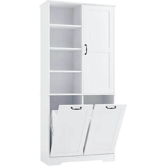 Tall Bathroom Storage Cabinet with Laundry Hamper Freestanding Storage Cabinet with Open Shelves and Adjustable Shelf White Modern Style