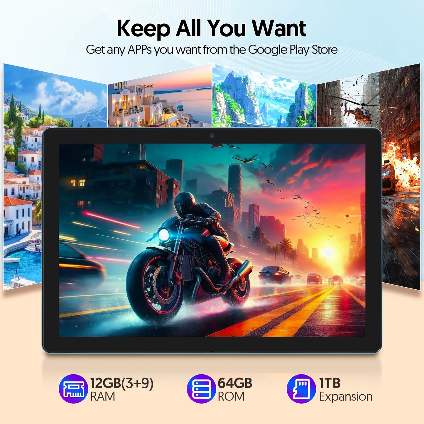 BAKEN Android 14 tablet, 10.1 inches, quad-core processor, 6GB RAM + 64GB ROM, 600GB expansion memory, 6000mAh
