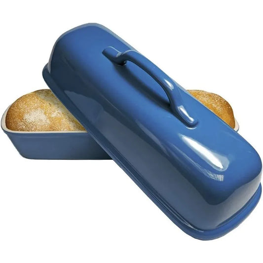 Sassafras Superstone Covered Bread Baker with Lid Glazed Exterior and Unglazed Interior Stoneware Bakeware Blue