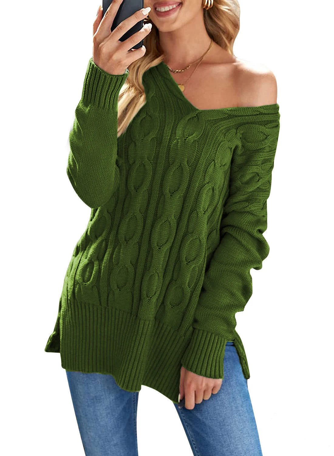 Plus Size Cable Knitted Pullover Sweater, Casual V Neck Long-Sleeved Slit Sweater, Women's Plus Size Clothing