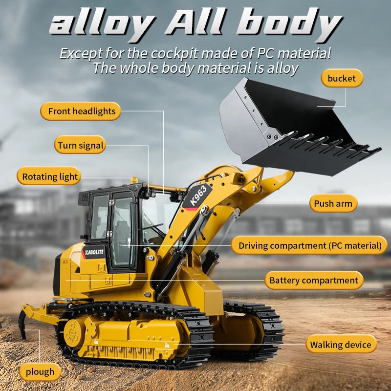 US Stock 1/16 KABOLITE K963 RC Metal Loader Hydraulic Construction Model TOUCAN Assembled Machine Light System Rear Plow RC Toy