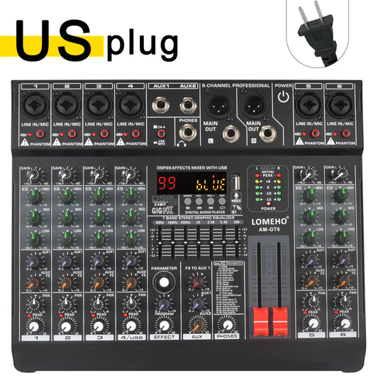Lomeho 6 Channel Mixing Console Mono 99 Digital Effect USB Sound Card Mixer Bluetooth 48V 2 AUX Dj Karaoke Audio Table AM-GT6