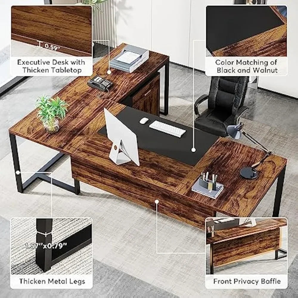 "70” Executive Desk with File Cabinet – Large L-Shaped Design with Storage & Drawer Cabinets – Computer Office Workstation"