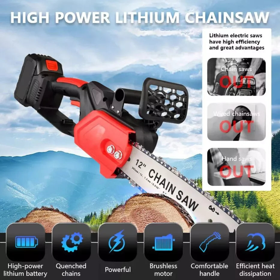 21V 12Inch Cordless Chainsaw High Power Household Brushless Electric Handheld Chainsaw Electric Cutting Tool With Battery Charge