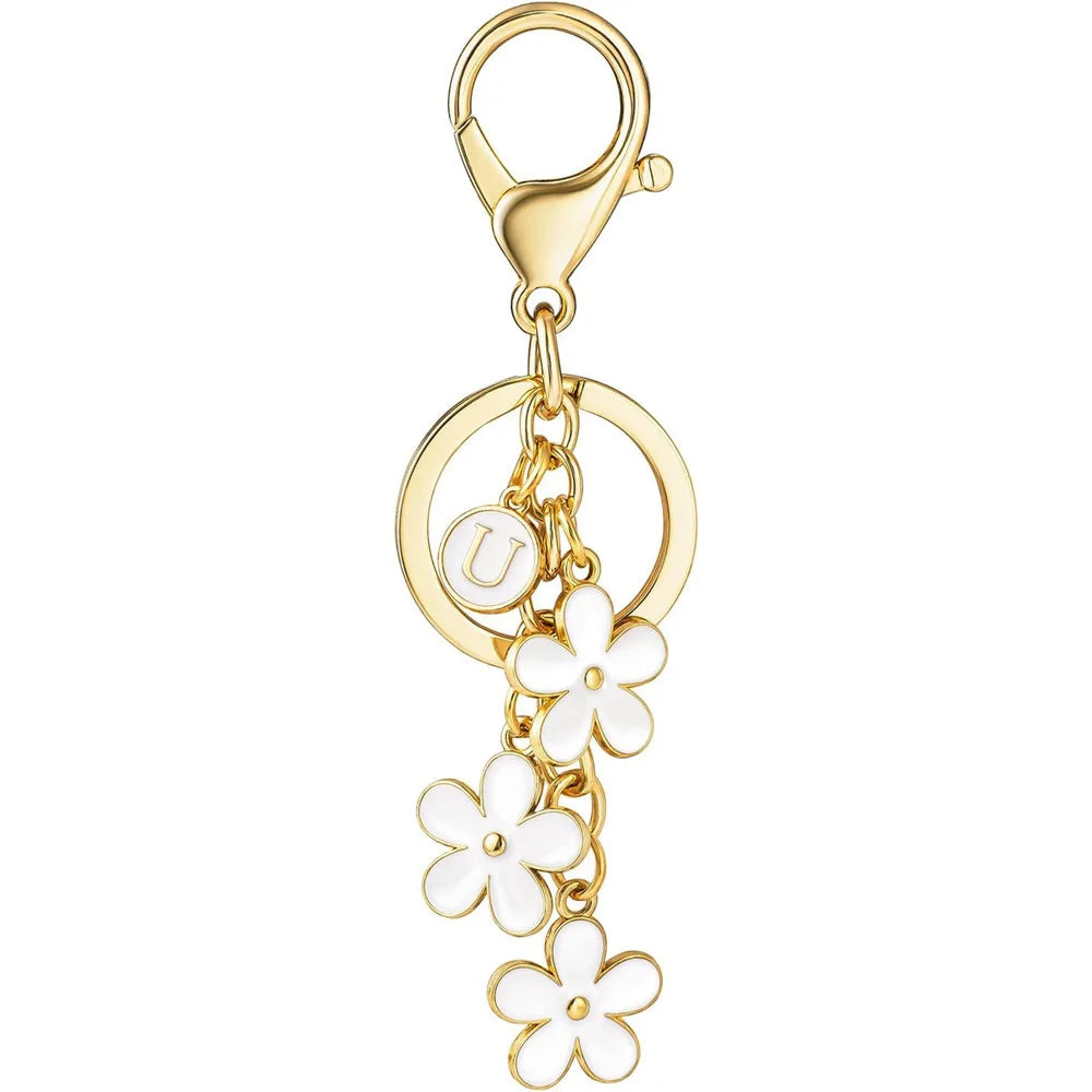 Initial Keychain White/Pink Flower Charms Key Cute Letter Keyring For Handbag Backpack