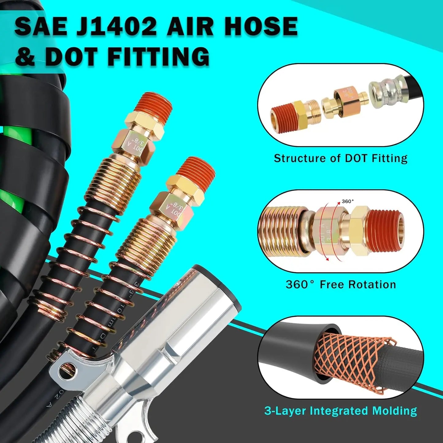 15FT Semi Truck Air Line Kit with Gladhands Air Line Holder and Springs Kit 7 Way Trailer Cord and Air Brake Hoses