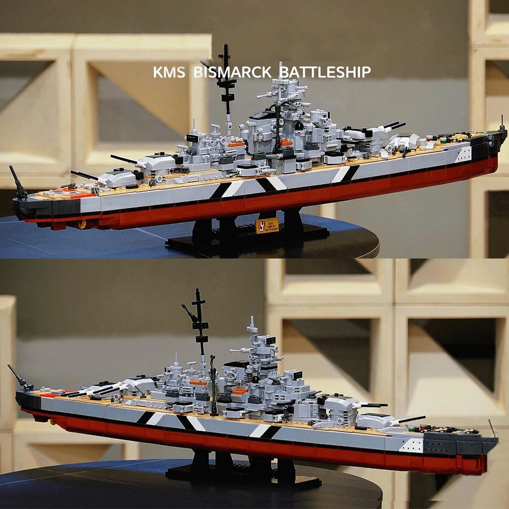 2 IN 1 KMS Bismarck Battleship Building Blocks WW2 Military Navy Warships Model Bricks Toy For Kids Birthday Gift MOC 1849PCS