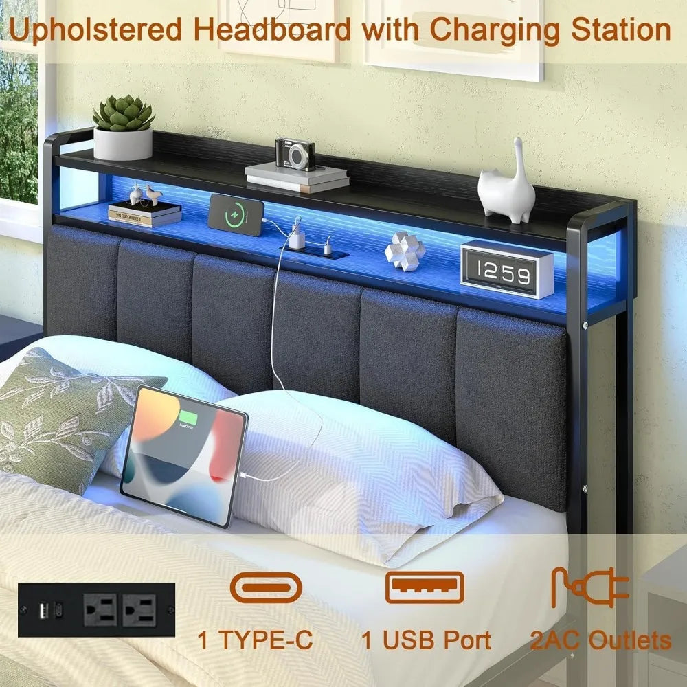 Queen Size Metal Platform Bed Frame with LED Lighting and Charging Station, Upholstered Storage Headboard Included