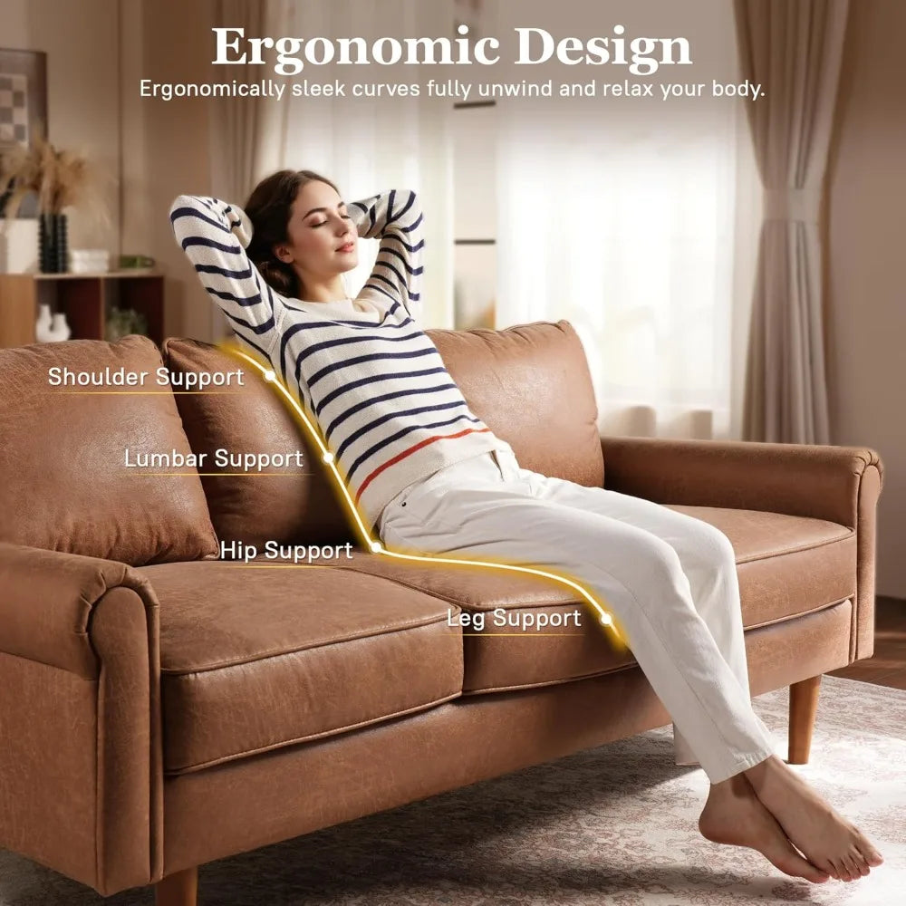 Faux Leather Mid-Century Modern Sofa for Living Room,3 Seater Couch with Comfy Cushions,73" Upholstered Sofas with Deep Seat