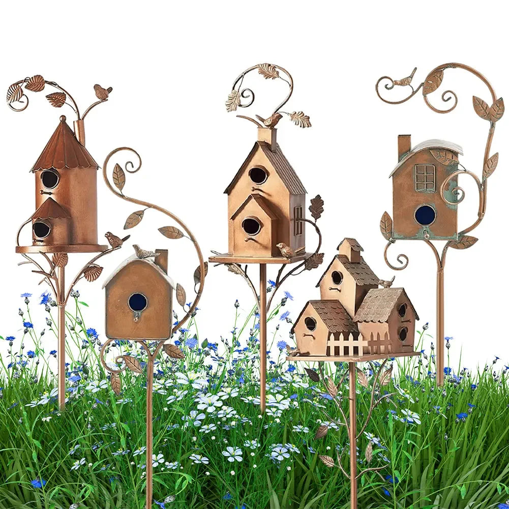 Sturdy Metal Birdhouse Garden Stake with Pole Waterproof Rustic Iron Decoration for Outdoor Garden Yard