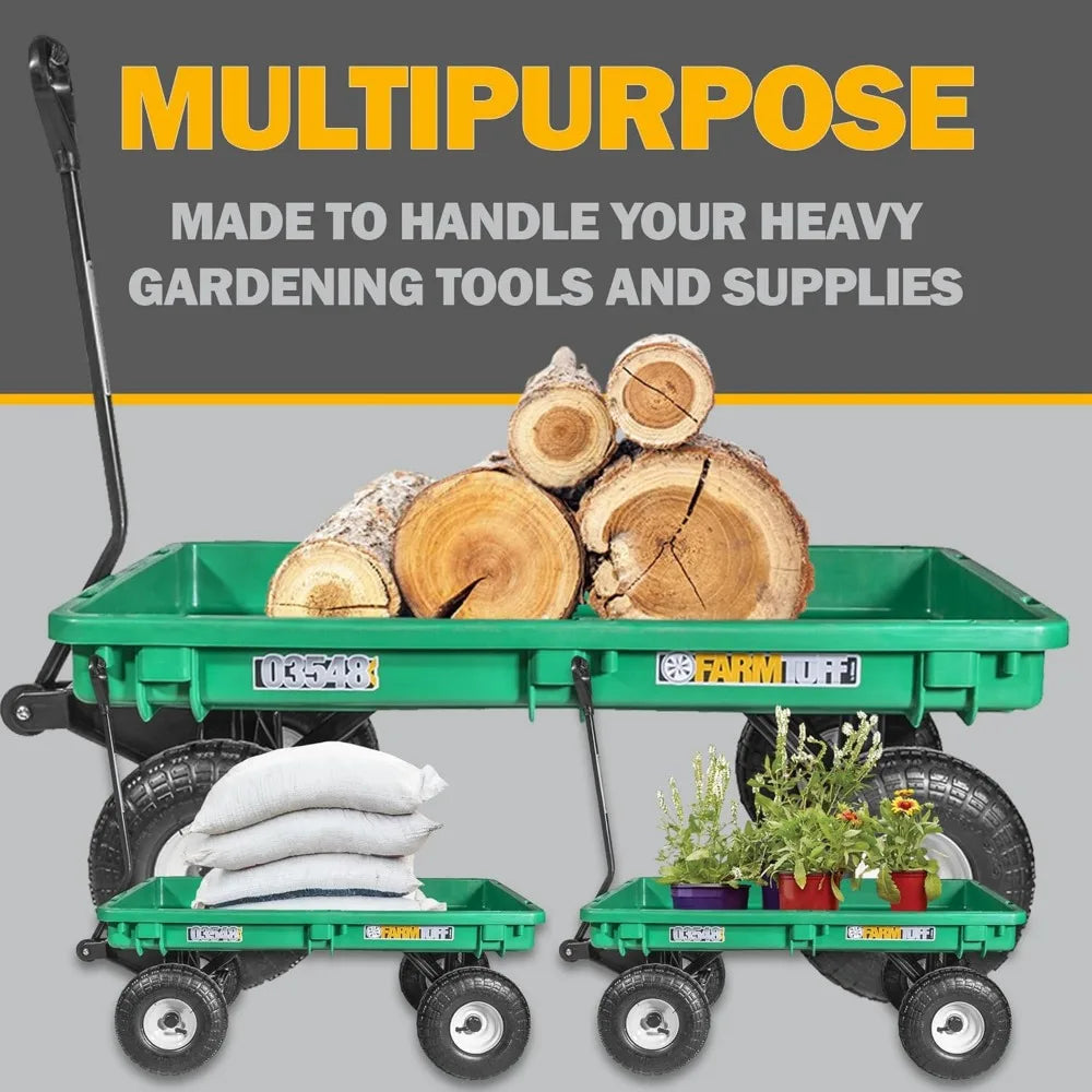 Farm Tuff Durable Plastic Deck Garden Wagon Utility Cart with Pneumatic Tires for Outdoor Hauling, Green, 20" x 38"