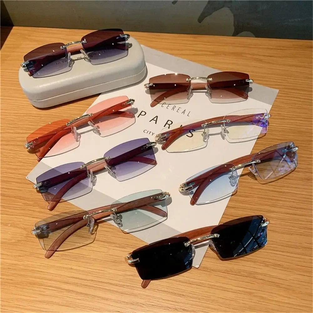 Rimless Sunglasses Men Women Wooden Pattern Luxury Brand Retro Square Sun Glasses Fashion Shades UV400 Travel Outdoor Eyewear