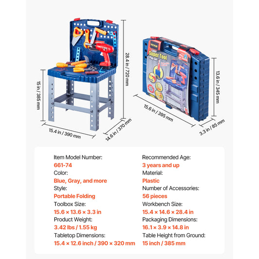 SucceBuy 56pcs Kids Work Bench Tool Set with Realistic Tools Pretend Play Construction Workbench Toys for Toddler Children Toys