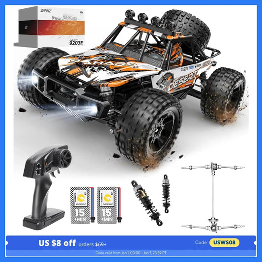 DEERC 9203E 1:10 Scale RC Truck: 48KM/H, 4X4, Lights, 2 Batteries, 2.4GHz, All-Terrain, 30 Min Play
