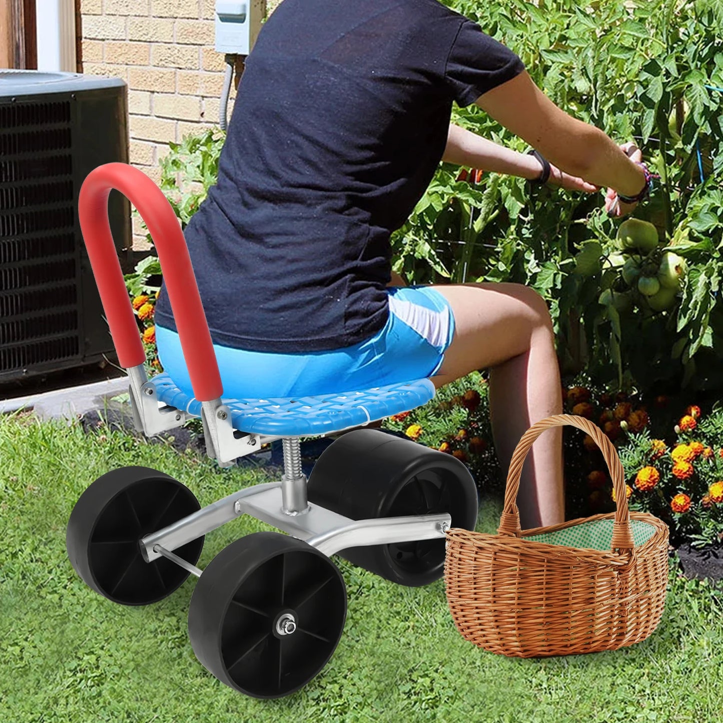 Rolling Garden Stool 150kg - Heavy-Duty High-Carbon Steel Cart w/3×360° PE Wheels, Adjustable Height 23-38cm, L-Shaped Seat