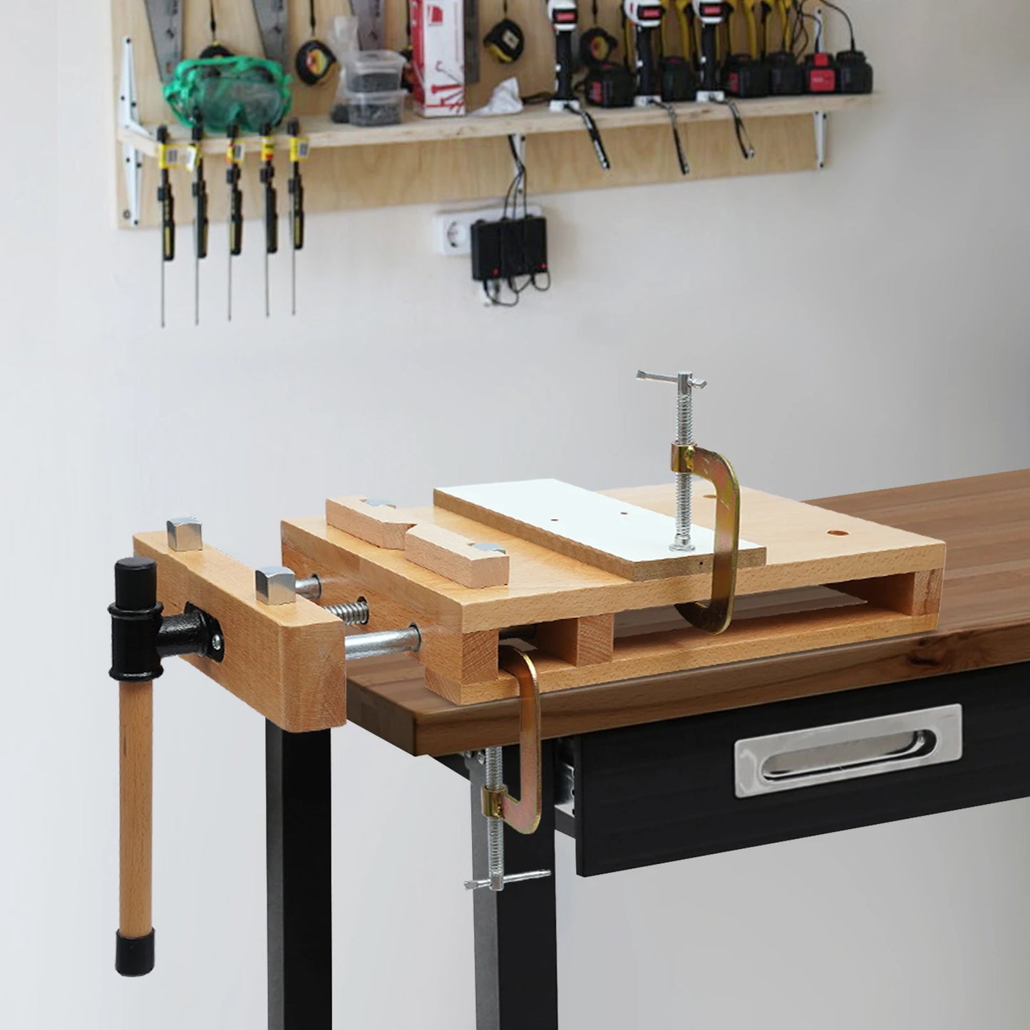 Heavy-Duty Workbench Heavy-Duty Beech Wood Vise Workbench W/ Quick Release,G-Shape Clamps&Limit Blocks for Woodworking Projects