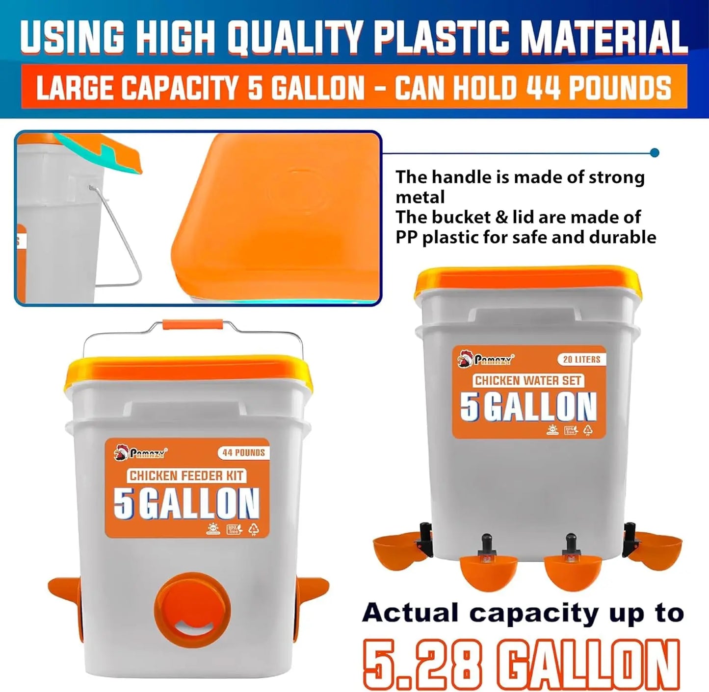 5 Gallon Automatic Chicken Feeder and Waterer Set with No Waste Chicken Feeder Port and Rain Proof Water Cup