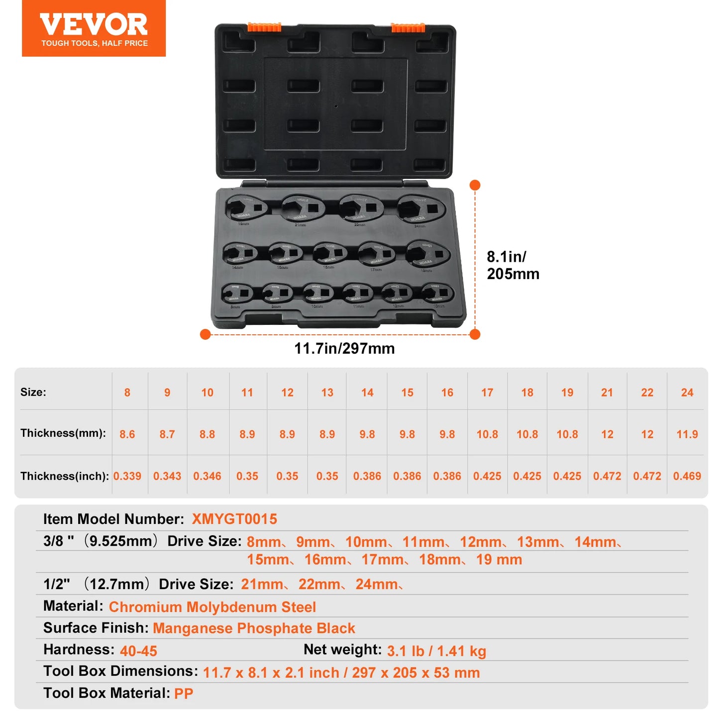 SucceBuy 14/15/20/24PCs Crowfoot Wrench Set 1/2" 3/8" Drive Crows Foot Wrench Set CR-MO Steel Crowfoot Wrench Set