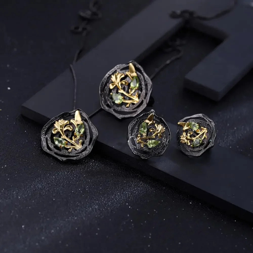 GEM'S BALLET Natural Peridot woman’s statement earrings 18k gold 925 silver two tone handmade butterfly flower lotus Earrings