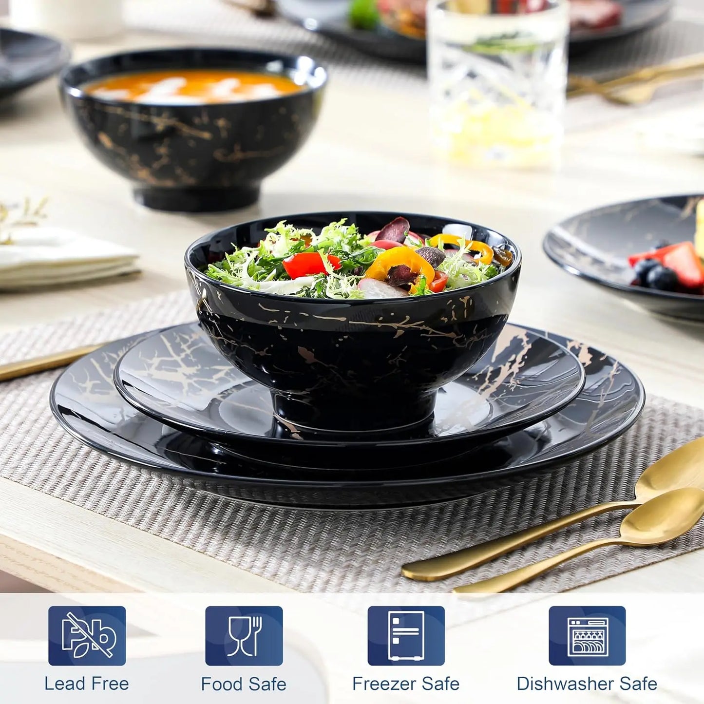 Plates and Bowls Sets for 4, 12 Pieces Porcelain Dinnerware Sets, Black and Gold Dish Set Gold Splash Dishware Sets, Dishwasher