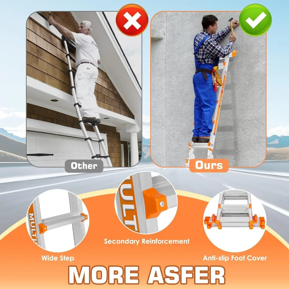 Telescoping A Frame Ladder, 17FT Multi Position Ladder w/ Stabilizer Bar & Wheels, 330lb Capacity for Stairs & Home