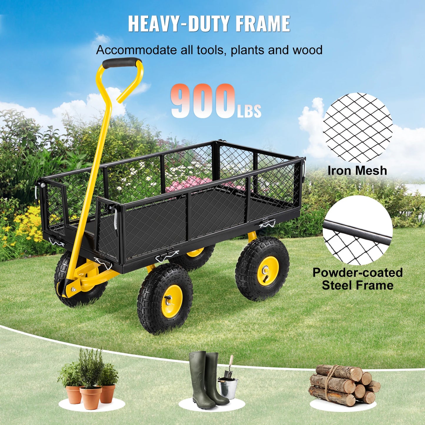 VEVOR Steel Garden Cart Heavy Duty 500 900 1200 1400 Pounds Capacity Removable Mesh Sides Convert to Flatbed Metal Wagon