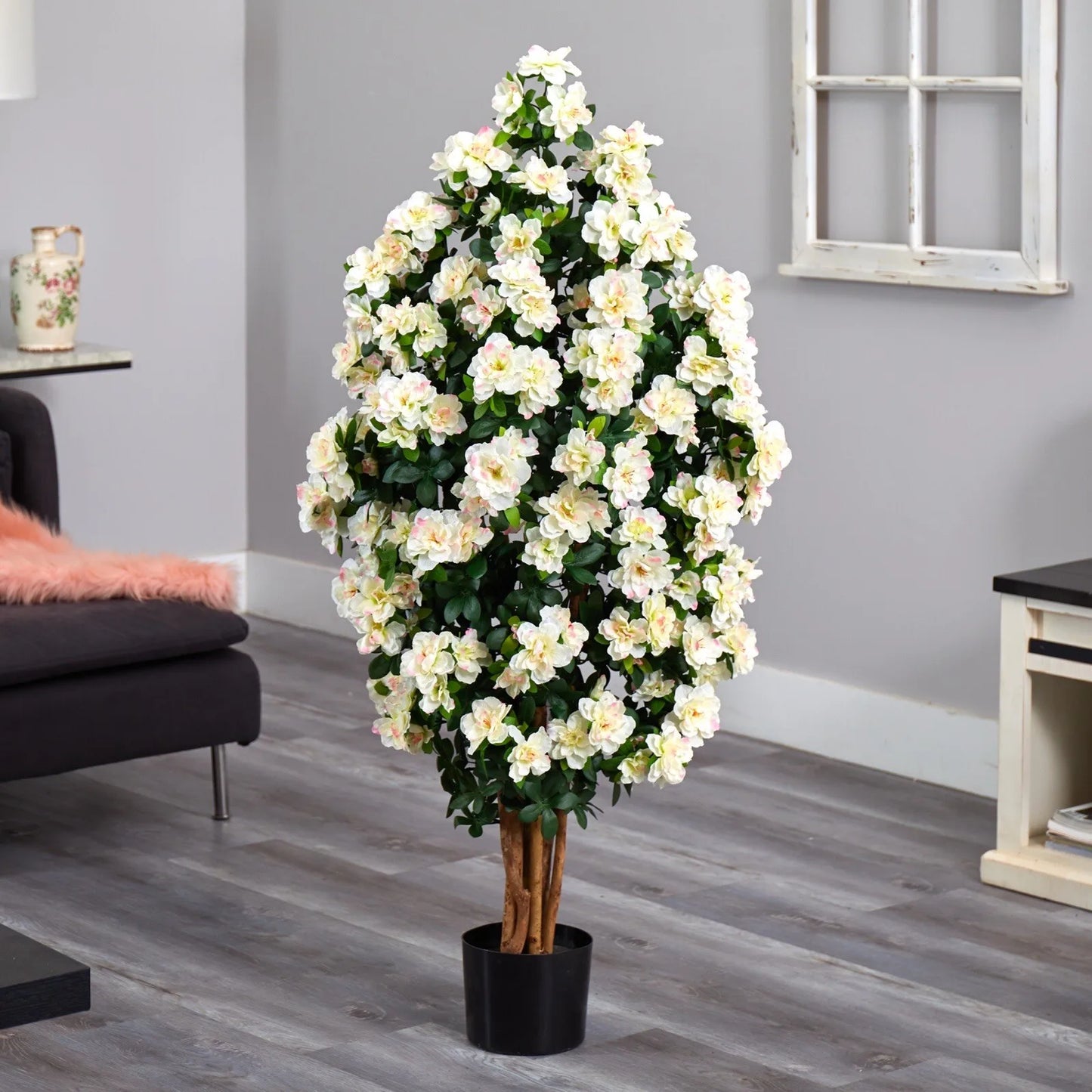 57” Azalea Artificial Flowering Tree with Natural Trunk Home Decor.