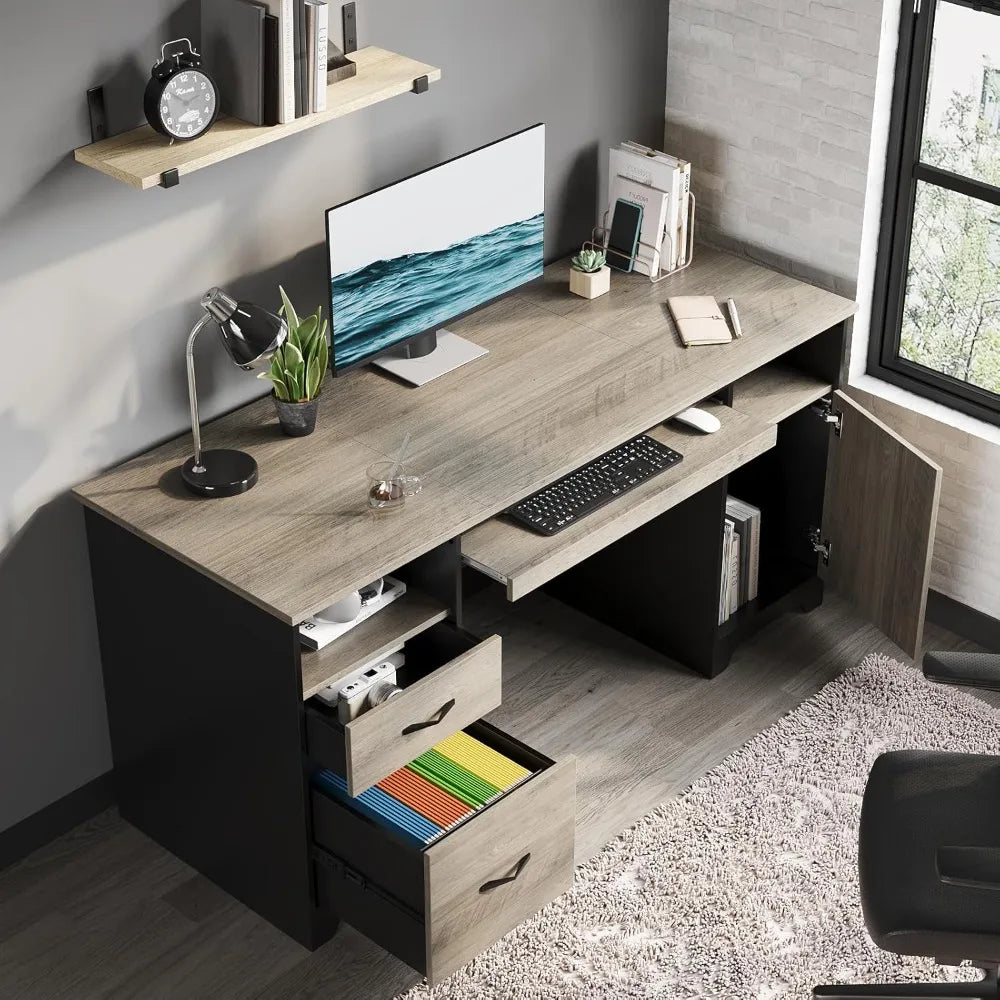 59" Executive Desk with 2 Drawers, Computer Desk with Storage Cabinet, Industrial Wood Design with File Drawer – Office-Ready Wo