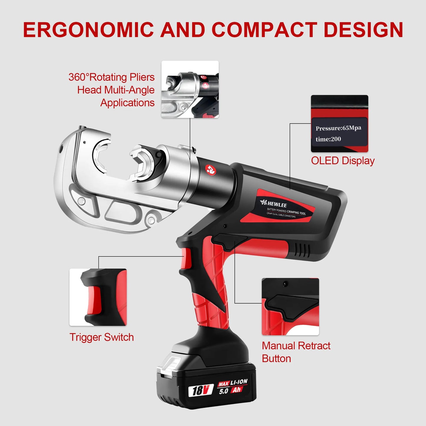 Electric Wire Cable Crimper 12TON Battery Powered Hydraulic Crimping Tool Range 6AWG to 800MCM with 12 Dies, Electricians for Ci